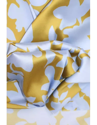 Tissu Satin de polyester imprimé fleurs ocre chaud / bleu