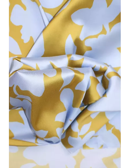 Tissu Satin de polyester imprimé fleurs ocre chaud / bleu