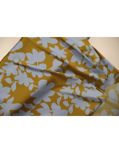 Tissu Satin de polyester imprimé fleurs ocre chaud / bleu
