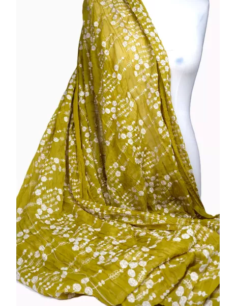 Tissu Viscose ocre - brodée fleurs écru