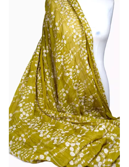 Tissu Viscose ocre - brodée fleurs écru