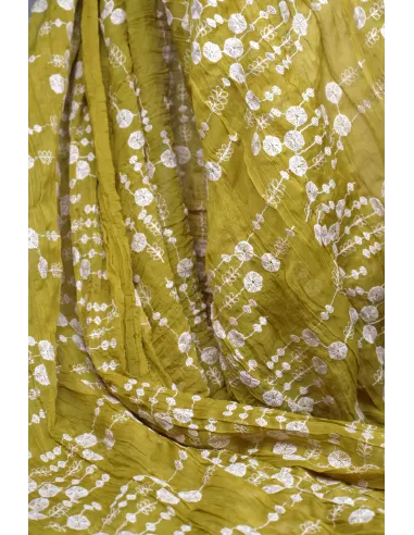 Tissu Viscose ocre - brodée fleurs écru