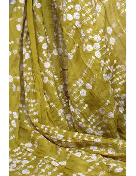Tissu Viscose ocre - brodée fleurs écru
