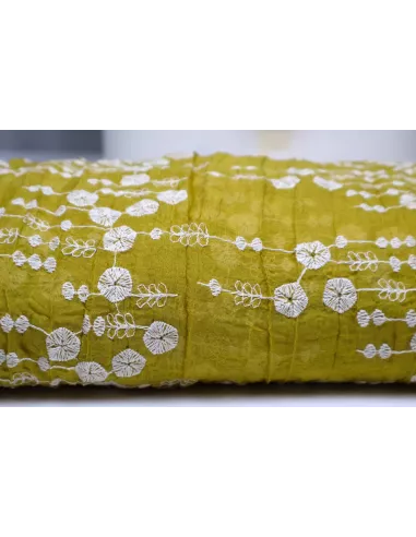 Tissu Viscose ocre - brodée fleurs écru
