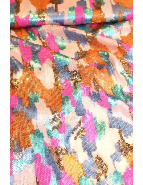 Tissu Tissu sequins multicolores brodés sur tulle