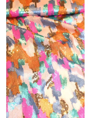 Tissu Tissu sequins multicolores brodés sur tulle