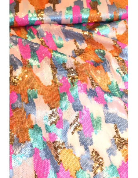 Tissu Tissu sequins multicolores brodés sur tulle