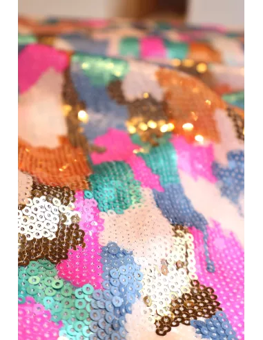 Tissu Tissu sequins multicolores brodés sur tulle